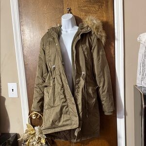 Amisu Olive Utility Jacket with Faux Fur Hood